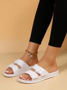 女士搭扣裝飾雙帶拖鞋,時尚拖鞋