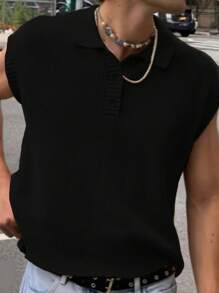 Manfinity Hypemode 男士纯色罗纹针织毛衣背心，男士黑色针织 Polo 衫，男士针织无袖 Polo 衫，男士无袖针织上衣，针织 Polo 衫，黑色针织上衣，秋冬 - 黑色 - 查看 1