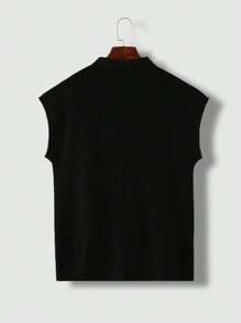 Manfinity Hypemode 男士纯色罗纹针织毛衣背心，男士黑色针织 Polo 衫，男士针织无袖 Polo 衫，男士无袖针织上衣，针织 Polo 衫，黑色针织上衣，秋冬 - 黑色 - 查看 2