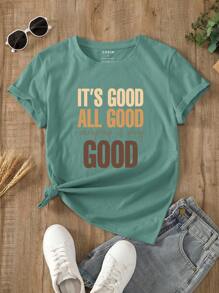 SHEIN LUNE Đồ họa Khẩu hiệu Áo thun - Màu xanh Bạc hà - Xem 1