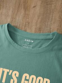SHEIN LUNE Đồ họa Khẩu hiệu Áo thun - Màu xanh Bạc hà - Xem 3