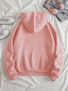 INAWLY 心形印花拉链抽绳保暖内衬连帽衫，长袖上衣 - 粉色 - 查看 2