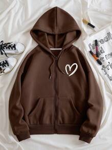 SHEIN Essnce Heart Print Zip Up Drawstring Thermal Lined Hoodie - Coffee Brown - View 1