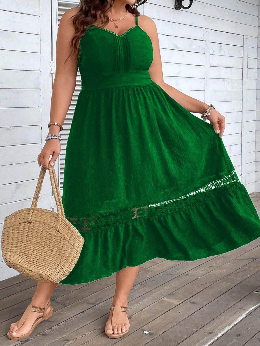 SHEIN Clasi Plus Contrast Lace Ruffle Hem Cami Dress - Green - View 1