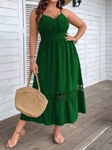 SHEIN Clasi Plus Contrast Lace Ruffle Hem Cami Dress - Green - View 4