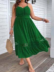 SHEIN Clasi Plus Contrast Lace Ruffle Hem Cami Dress - Green - View 6