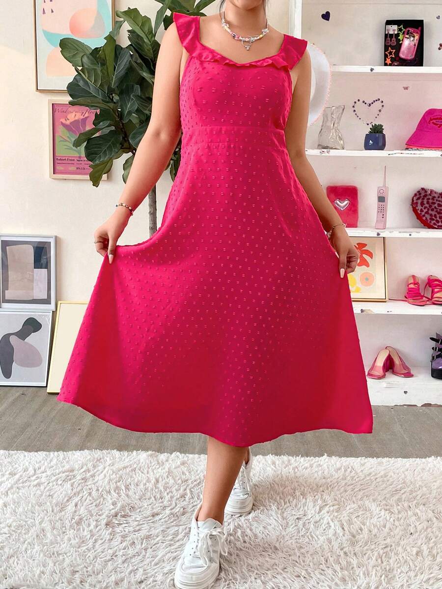 SHEIN Clasi 大碼圓點荷葉邊連衣裙 - 玫紅色 - 查看 1