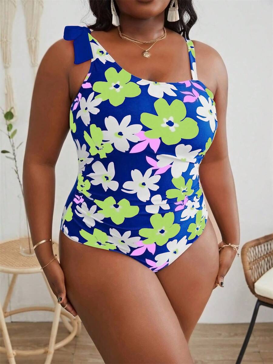SHEIN Plus Floral Print Knot Shoulder One Piece Swimsuit Bathing Suits Plus - Dusty Blue - View 1