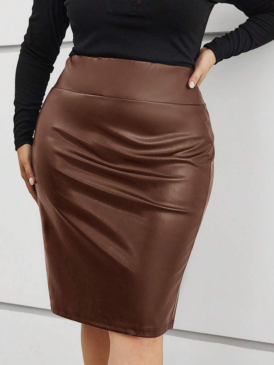SHEIN Privé Plus High Waist PU Leather Pencil Skirt - Coffee Brown - View 1