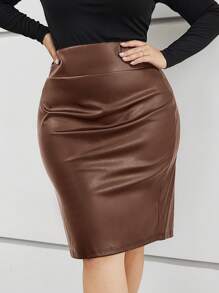 SHEIN Privé Plus High Waist PU Leather Pencil Skirt - Coffee Brown - View 3