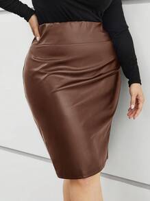SHEIN Privé Plus High Waist PU Leather Pencil Skirt - Coffee Brown - View 4