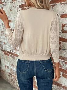 SHEIN LUNE 網眼針織前紐扣開襟衫 - 杏色 - 查看 2