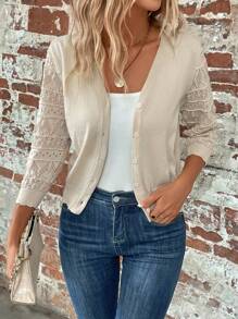 SHEIN LUNE 網眼針織前紐扣開襟衫 - 杏色 - 查看 3