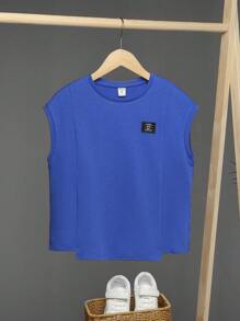 SHEIN 男大童字母補丁細節不對稱下擺T恤 - 藍色 - 查看 1