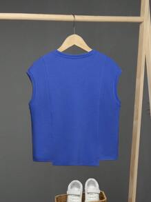 SHEIN 男大童字母補丁細節不對稱下擺T恤 - 藍色 - 查看 2