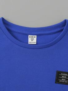 SHEIN 男大童字母補丁細節不對稱下擺T恤 - 藍色 - 查看 4