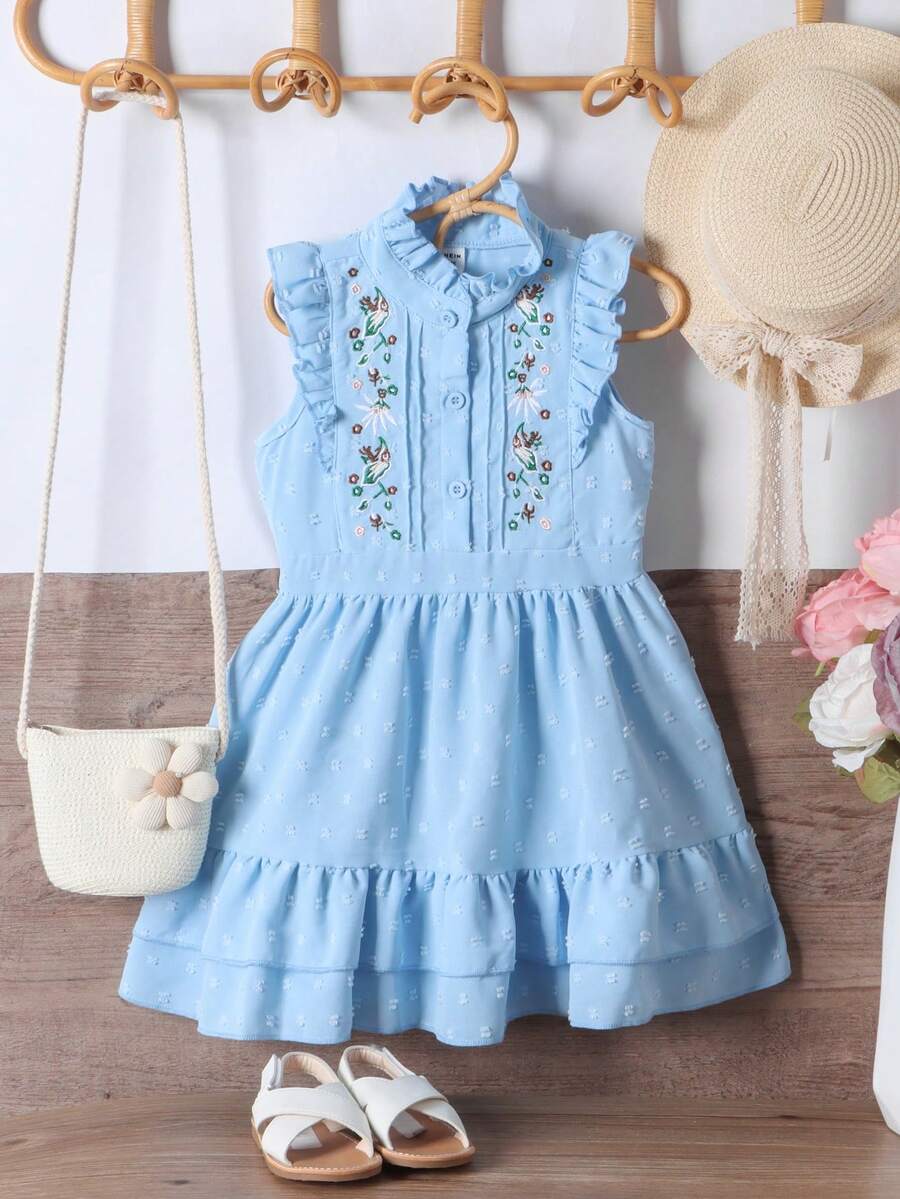 女小童花卉刺繡荷葉邊多層下擺連衣裙 - 藍色 - 查看 1
