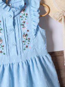 女小童花卉刺繡荷葉邊多層下擺連衣裙 - 藍色 - 查看 4