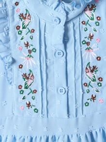 女小童花卉刺繡荷葉邊多層下擺連衣裙 - 藍色 - 查看 5