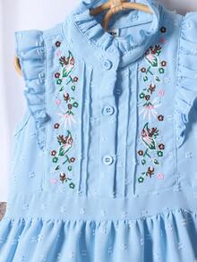 女小童花卉刺繡荷葉邊多層下擺連衣裙 - 藍色 - 查看 6