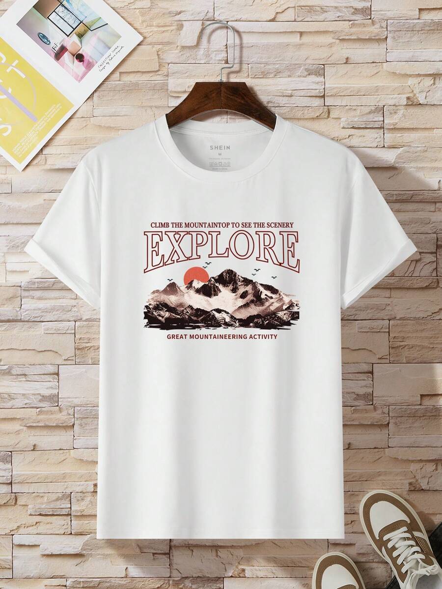 Men Mountain & Slogan Graphic Tee - White - View 1