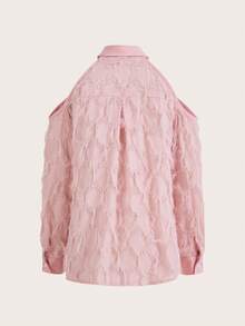 SHEIN Unity Solid Button Front Cold Shoulder Shirt - Pink - View 2