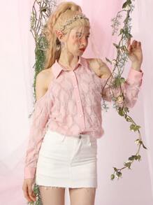 SHEIN Unity Solid Button Front Cold Shoulder Shirt - Pink - View 1