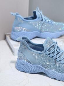 網紗針織繫帶跑步鞋 - 藍色 - 查看 3