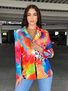 SHEIN SXY Tie Dye Letter Graphic Button Front Blazer