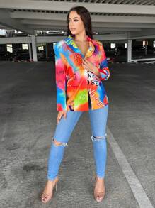 SHEIN SXY Tie Dye Letter Graphic Button Front Blazer