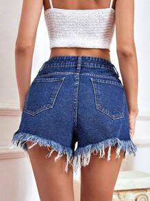 Ripped Raw Hem Denim Shorts - Dark Wash - View 2