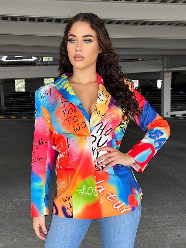 Tie Dye Letter Graphic Button Front Blazer