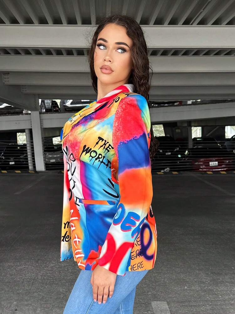 Tie Dye Letter Graphic Button Front Blazer