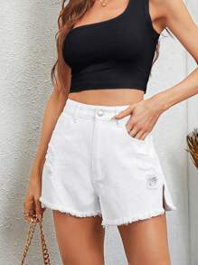 Ripped Raw Hem Denim Shorts - White - View 1
