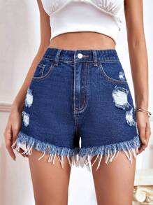 Ripped Raw Hem Denim Shorts - Dark Wash - View 6