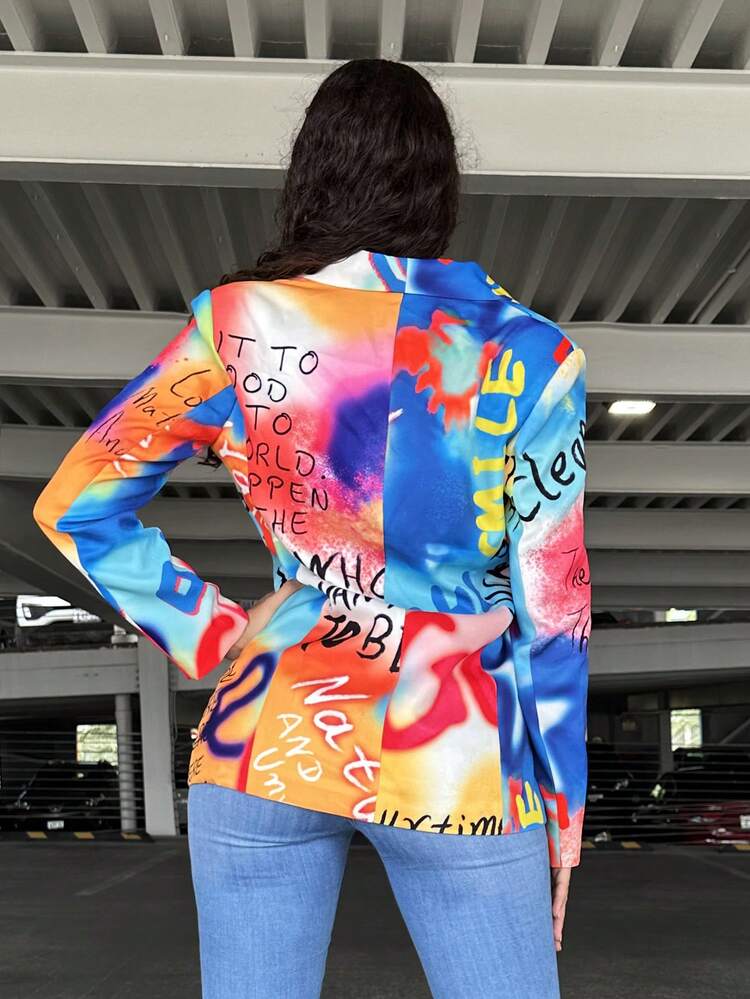 Tie Dye Letter Graphic Button Front Blazer