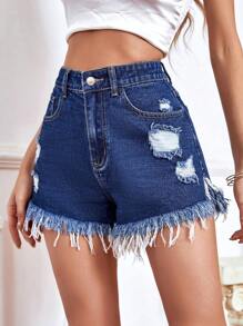 Ripped Raw Hem Denim Shorts - Dark Wash - View 7