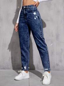 Ripped Mom Fit Jeans - Dark Wash - View 1