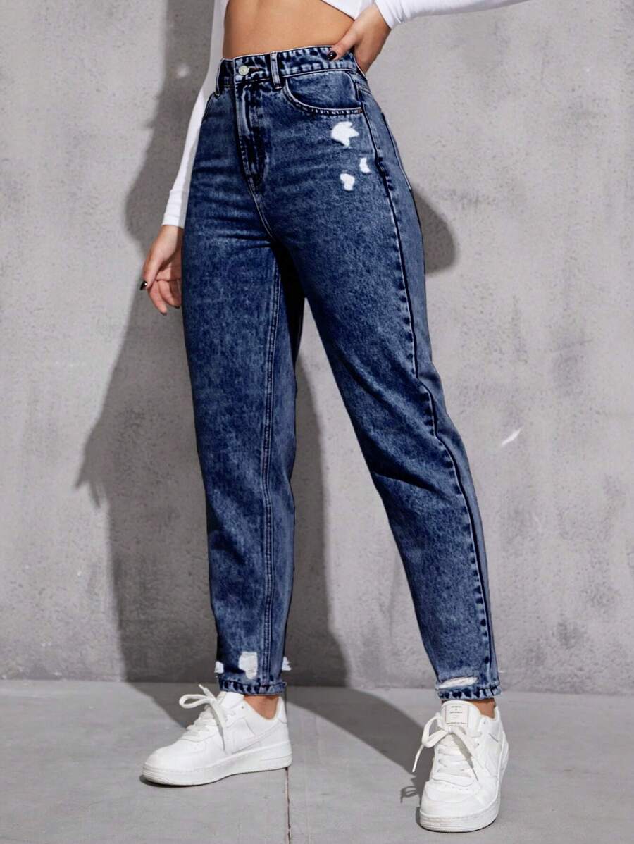 Ripped Mom Fit Jeans - Dark Wash - View 1