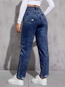 Ripped Mom Fit Jeans - Dark Wash - View 2