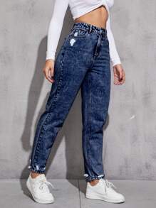 Ripped Mom Fit Jeans - Dark Wash - View 3