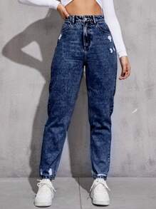 Ripped Mom Fit Jeans - Dark Wash - View 4