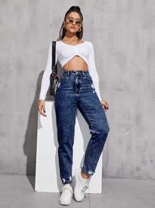 Ripped Mom Fit Jeans - Dark Wash - View 5