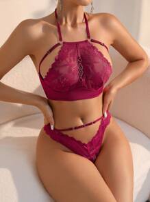 Floral Lace Cut Out Lingerie Set - Burgundy - View 4