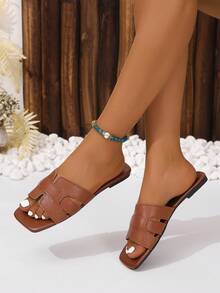 女士蛇皮壓花涼拖,優雅夏天棕色平底涼鞋 - 咖啡棕 - 查看 2