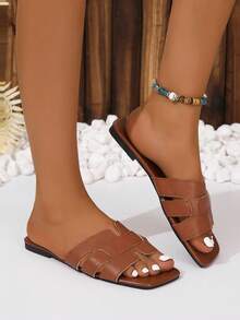 女士蛇皮壓花涼拖,優雅夏天棕色平底涼鞋 - 咖啡棕 - 查看 5