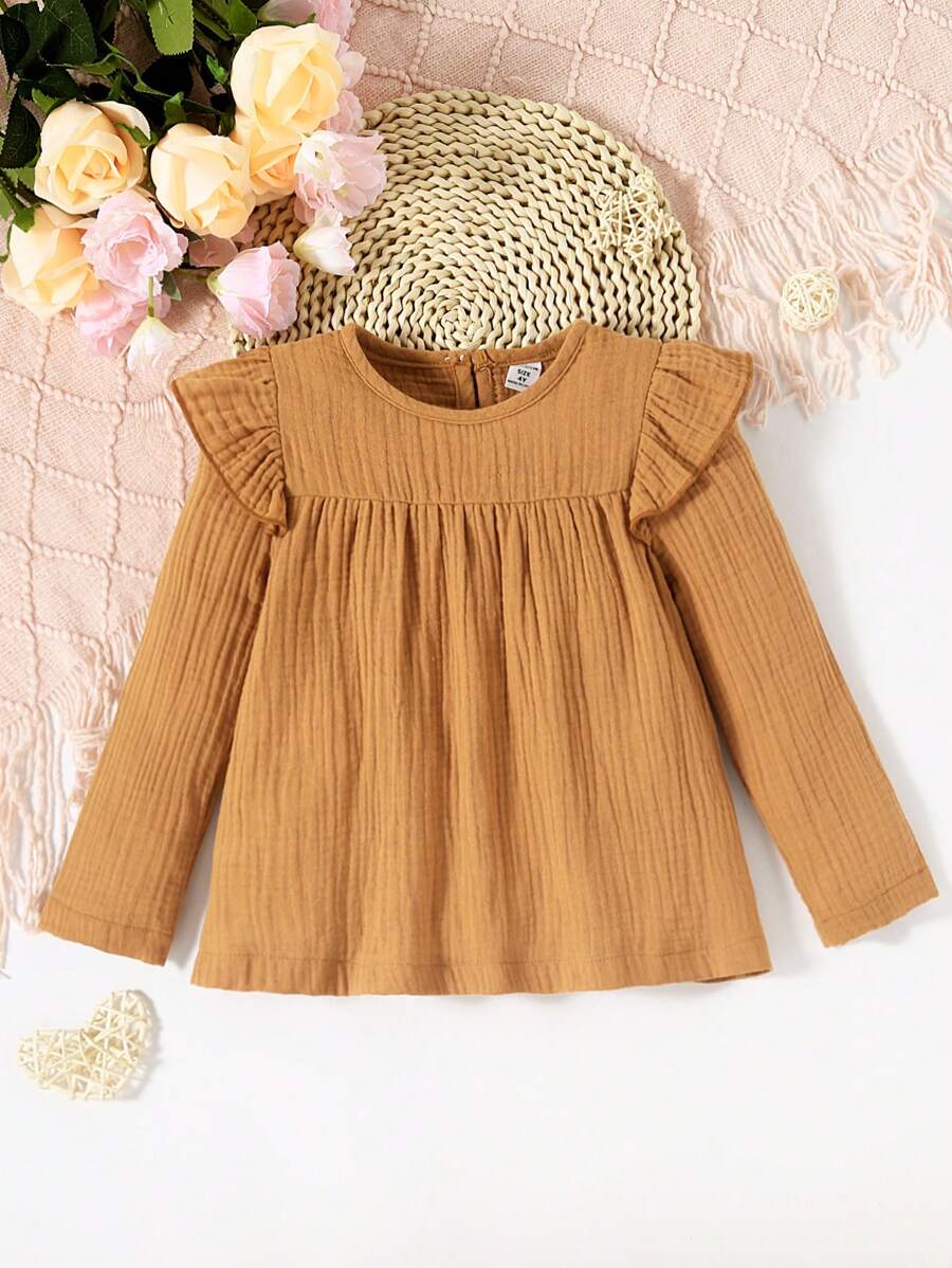 SHEIN Cô Gái Trẻ Thanh lịch Hai lớp Gai Chất vải Ruffle Cắt tỉa Nhàu nát Tay áo dài Áo sơ mi Đối với Mùa thu - màu nâu - Xem 1