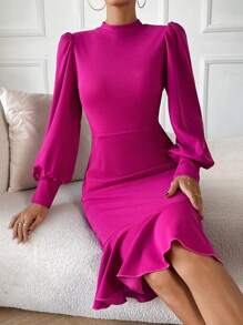 SHEIN Privé Lantern Sleeve Mermaid Hem Dress - Hot Pink - View 4