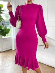 SHEIN Privé Lantern Sleeve Mermaid Hem Dress - Hot Pink - View 1