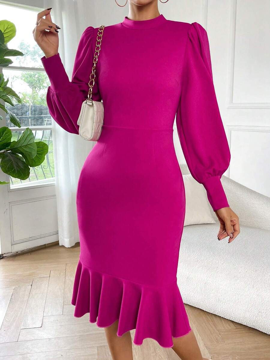 SHEIN Privé Lantern Sleeve Mermaid Hem Dress - Hot Pink - View 1
